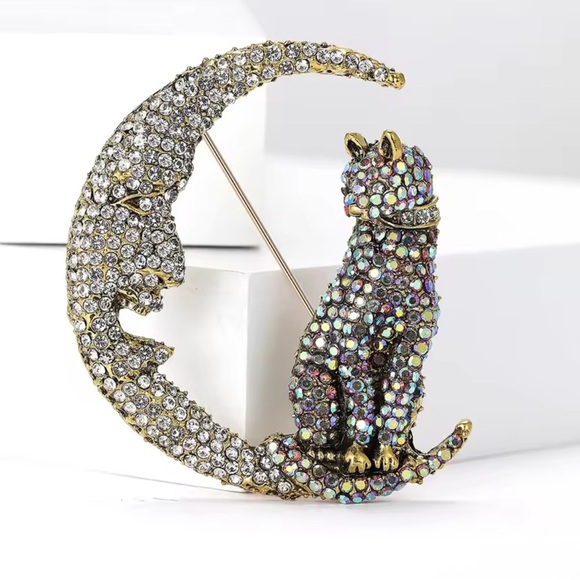 Betsey Johnson Crystal Cat Moon Brooch - Picture 6 of 6